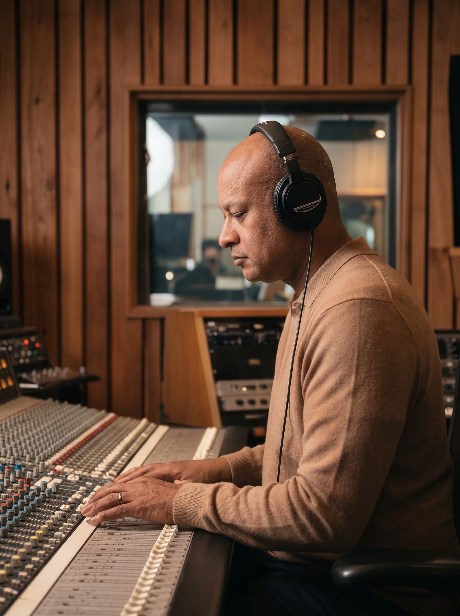 Tony Rako in profile at the mixing desk.